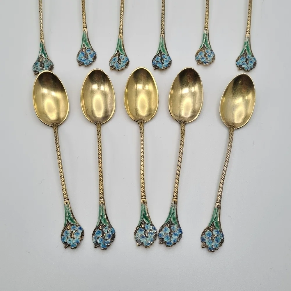 Gorham Sterling & Enamel Flowers Demitasse Spoons Set of 11 & Sugar Tong #808